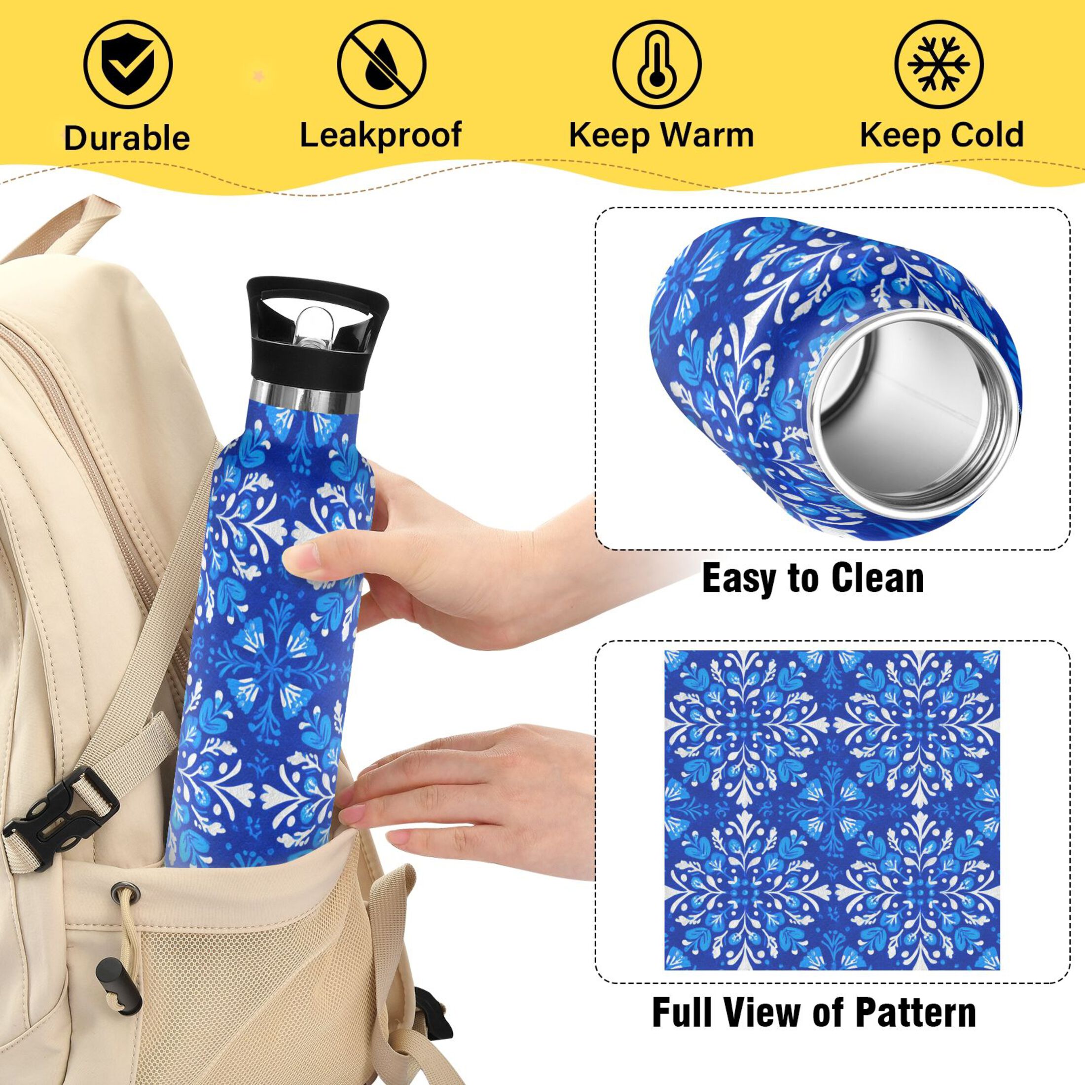 600ML Stainless Steel Insulated Cup Sports Water Bottle Portable Thermos Cup Water Glasses Insulated Tumblers Convenient and Durable Blue Beautiful