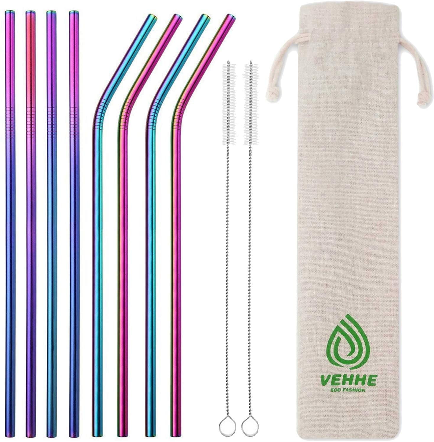 VEHHE Metal Straws Stainless Steel Straws 8 Set Reusable Drinking Rainbow Straws with Cleaning Brush for 20 OZ Tumblers(4 Straight + 4 Bent + 2 Brush)
