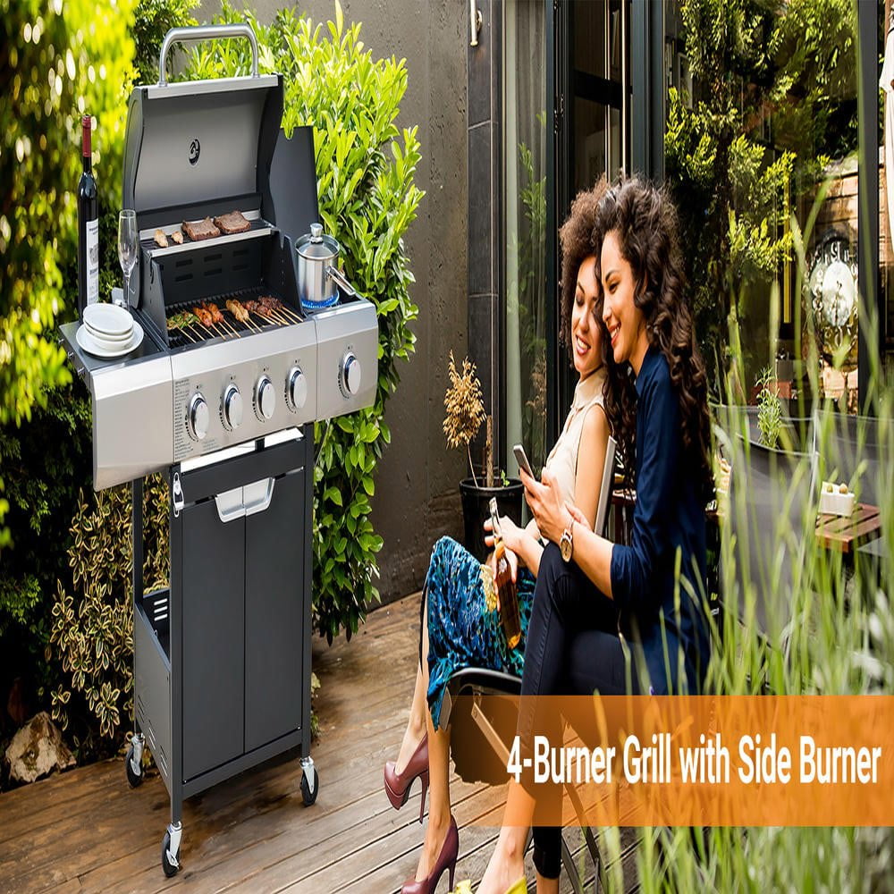 Resenkos 4-Burner Propane Grill, Stainless Steel Gas Barbecue with Side Burner and Included Cover