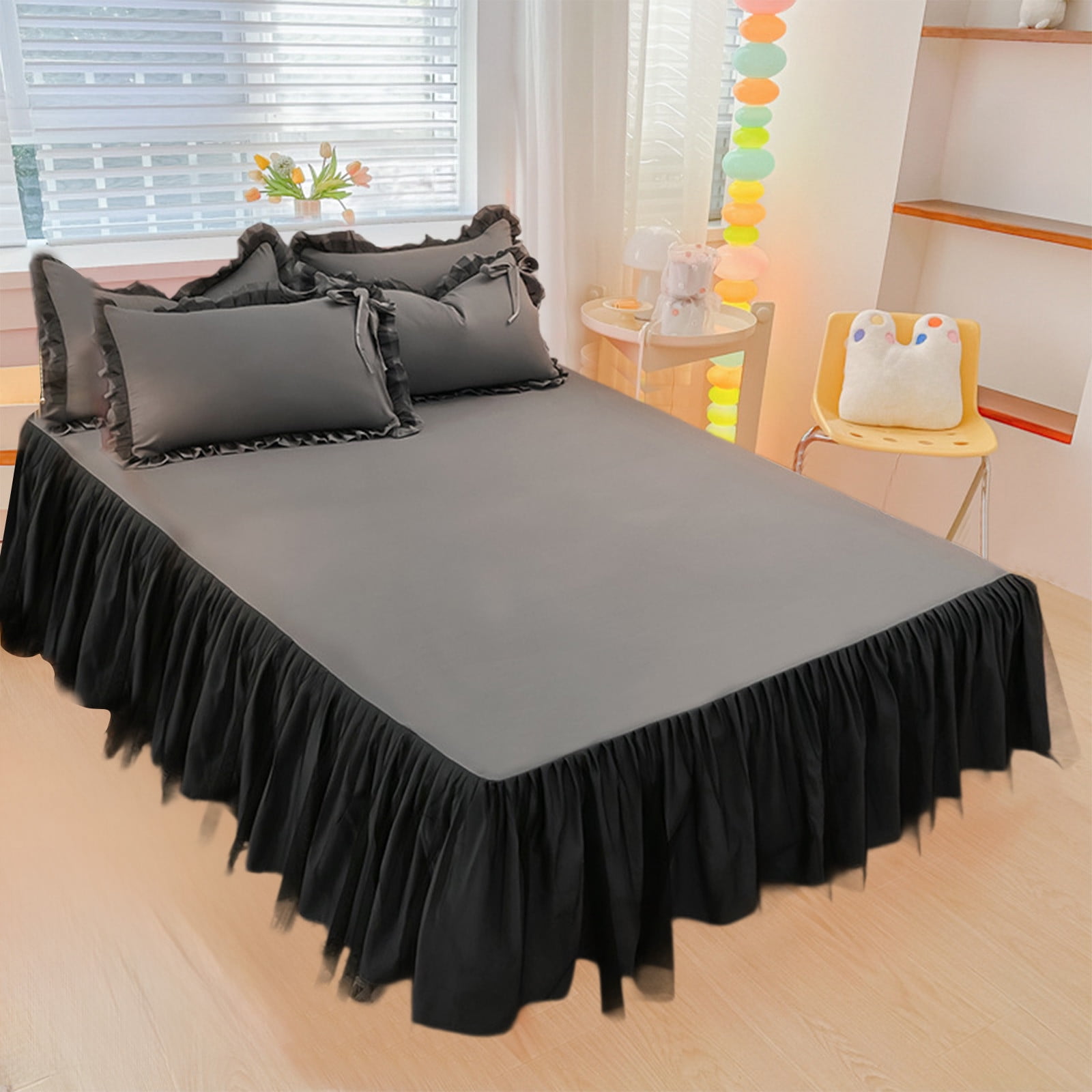 Tunhigl Queen Mattress Cover with Bed Skirt, Fitted Sheet, Anti-Slip Dust Barrier, Fitted Ruffle 15" Drop, Machine-Washable Microfiber, Deep-Pocket for 8-18" Mattress, Home Hotel Use Dark Gray