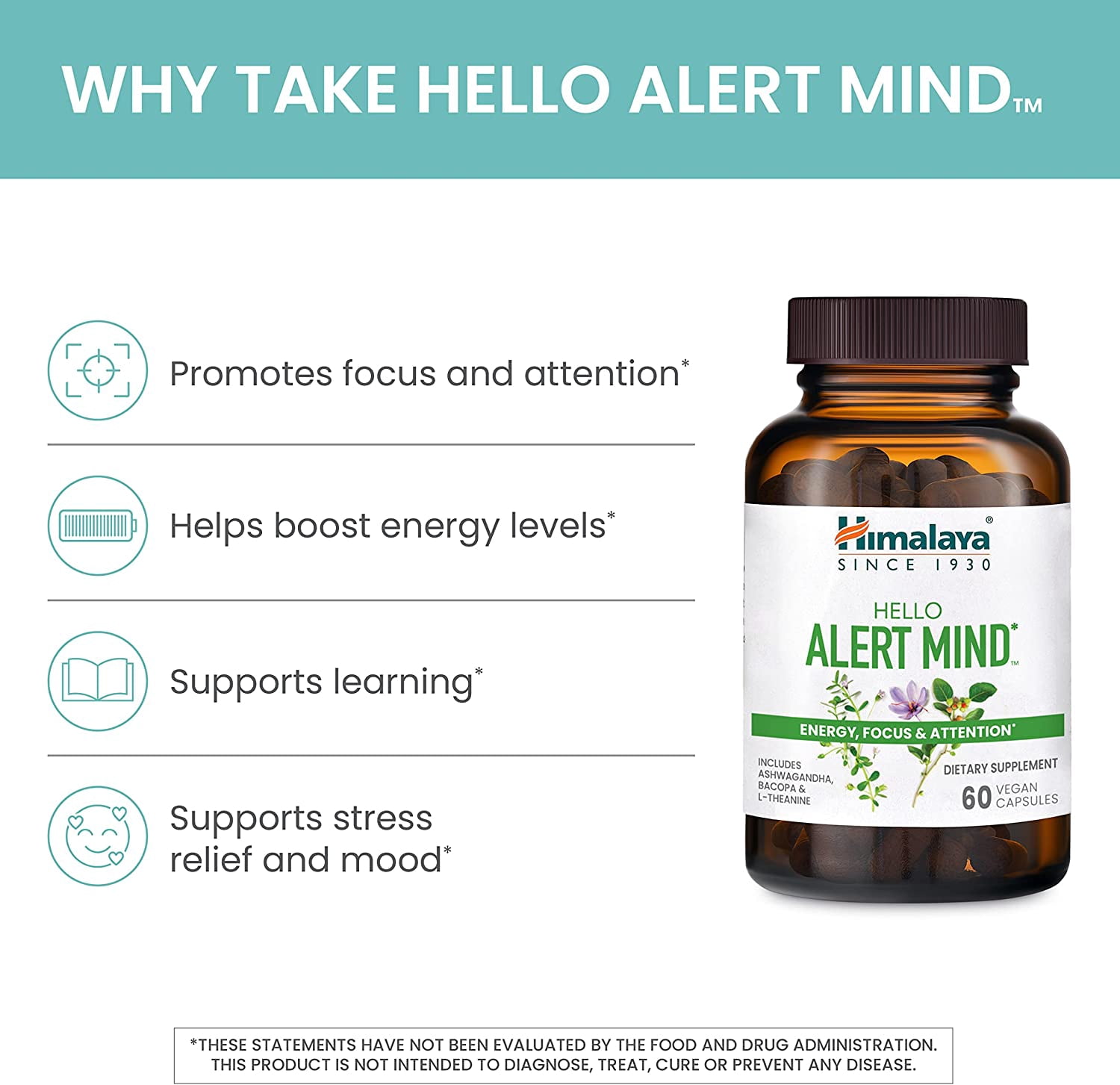 Himalaya Hello Alert Mind with Ashwagandha & L-Theanine for Energy, Focus and Attention, 60 Capsules