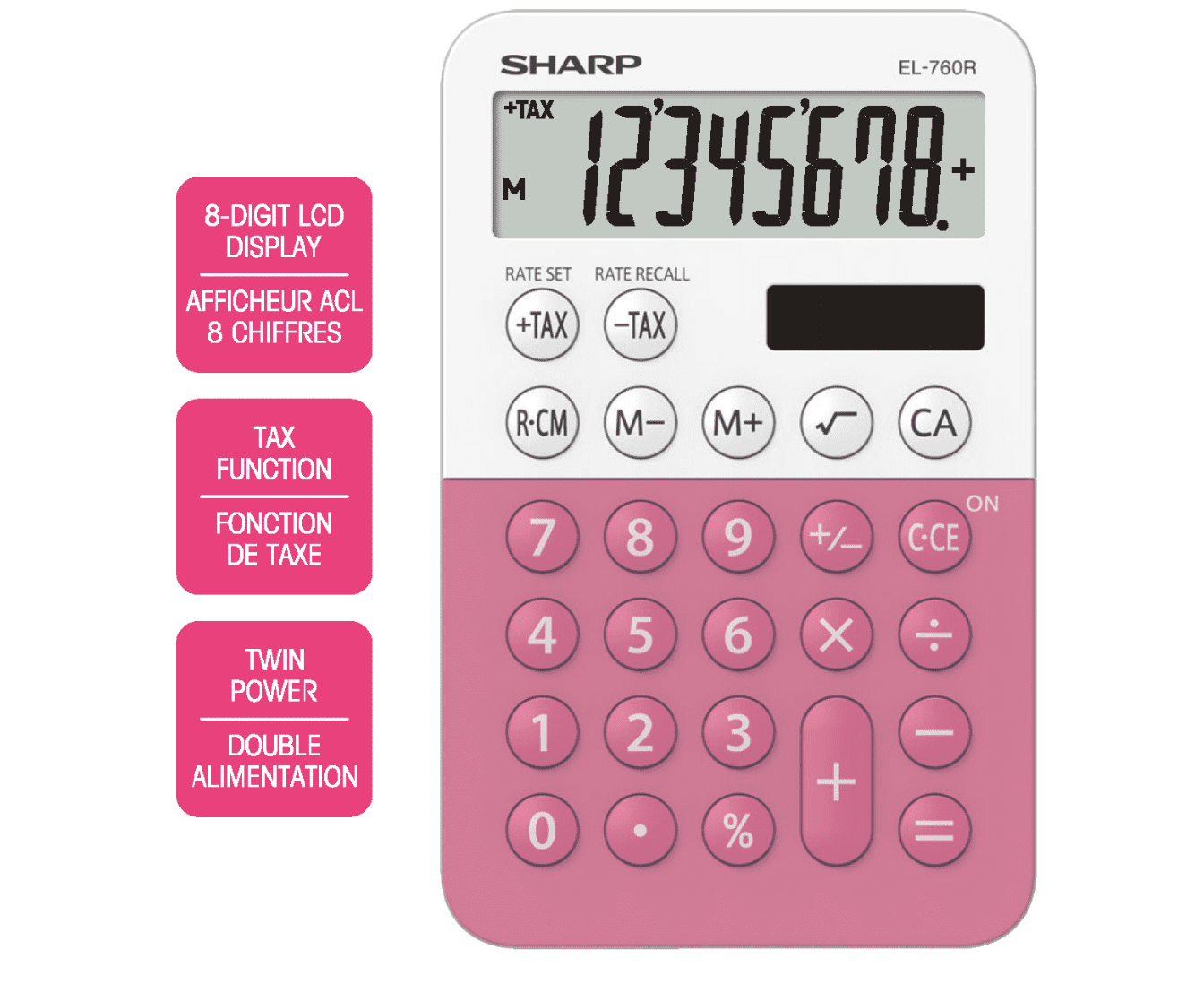 Sharp EL760RPK Student Desktop Calculator for Elementary & Middle School, XL 8-Digit Display, Twin Power, Inclined Screen, Tax Keys & Constant Calculation Function