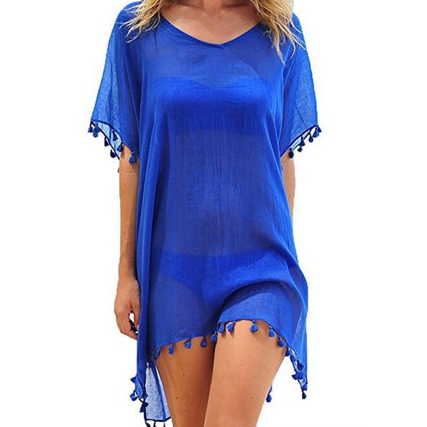Ropa de playa para mujer Vestido de gasa con borlas Traje de baño Top a prueba de sol, Azul Eigraketly AP002175-01