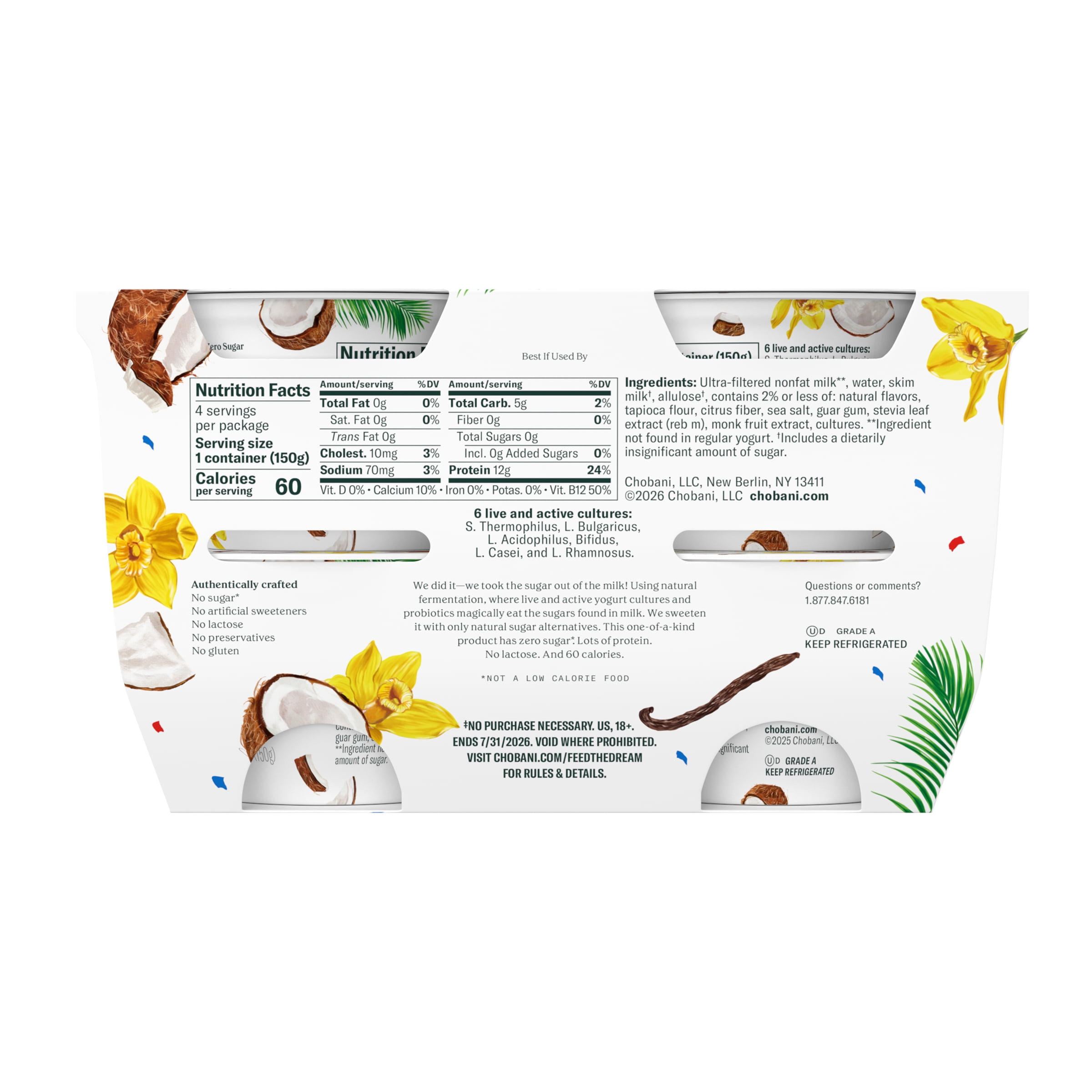 Chobani Zero Sugar Non-Fat Greek Yogurt Toasted Coconut Vanilla 5.3 oz Cup, 4 Pack