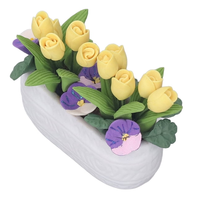 Flor De Planta En Maceta En Miniatura, Flor De Tulipán Amarillo De Simulación Exquisita Flor De Arcilla Vívida De Casa De Muñecas Resistente Al Desgaste Para Accesorios De Casa