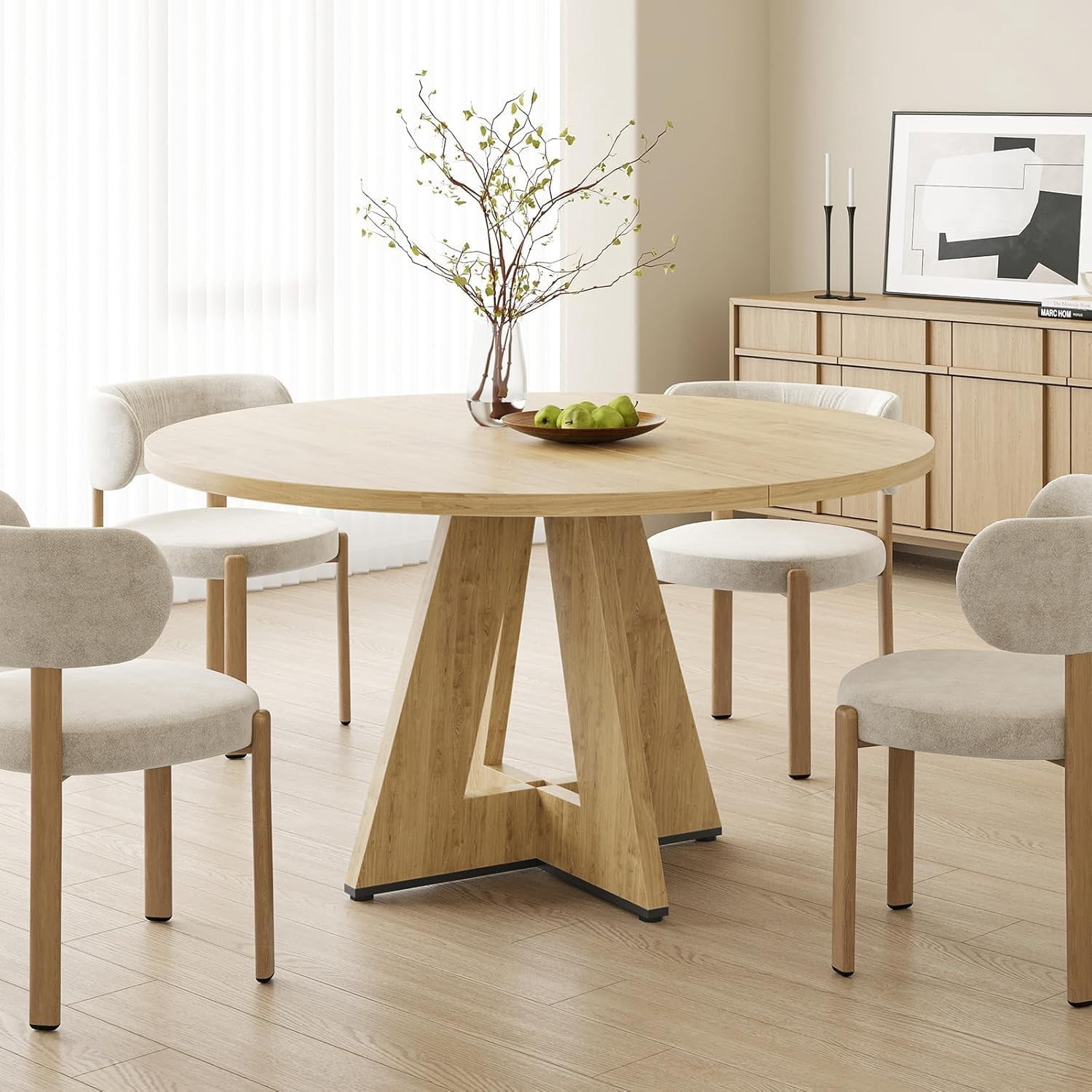 Farini 47" Round Dining Table,Wooden Kitchen Table with Metal Base, Seats 4–7, for Dining Room, Kitchen & Living Room, Natural