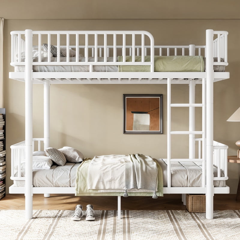 Twin-over-Twin Teens Bunk Bed Can Transformed into 2 Platform Beds, Metal Kids Bed Frame with Round-Pipe, Ladder & Guardrails