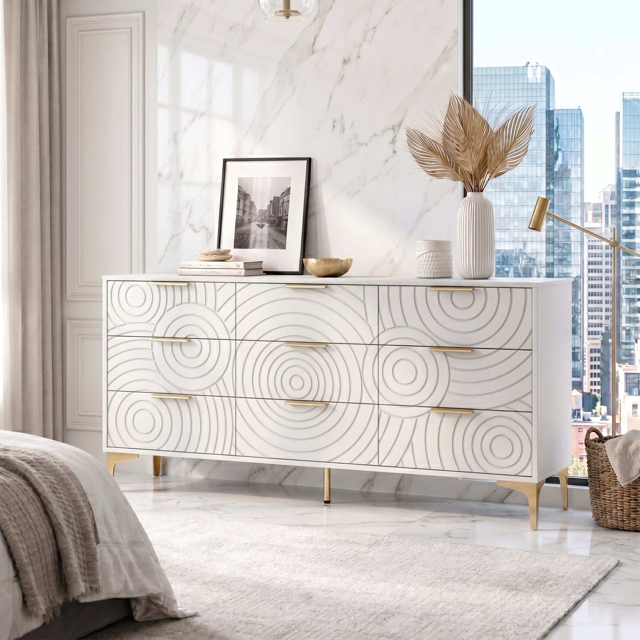 AISWORD 9 Drawer Dresser, Modern Wooden Dresser Chest with Metal Handles, Large Storage for Bedroom, White