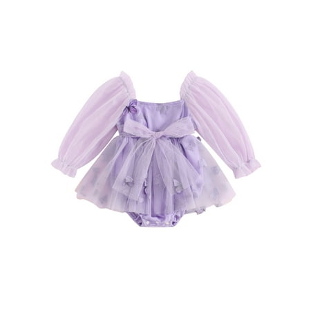 

Bmnmsl Baby Girls Mesh Romper Dress Butterfly Print Long Sleeve Jumpsuits
