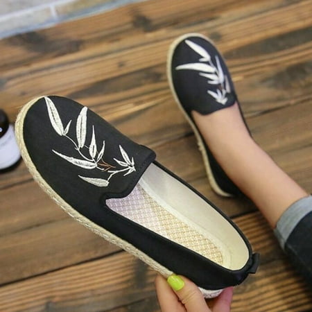 

HIBRO Women Casual Shoes Breathable Slip On Flats Bow Beaded Striped Canvas Straw Sole Leisure Sneakers