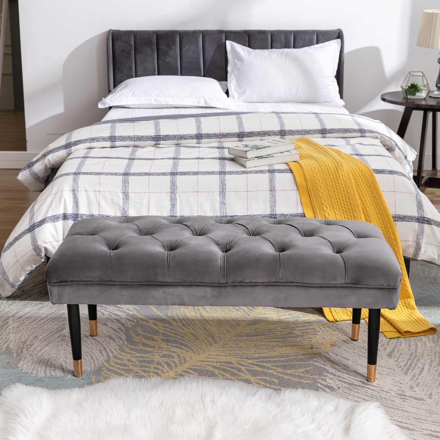 Kepooman Mid Century Gray Bench, Modern Velvet Button Ottoman for Entryway, Upholstered Green Bench with Metal Legs for Bedroom Kepooman Mid Century Gray Bench, Modern Velvet Button Ottoman for Entryway, Upholstered Green Bench with Metal Legs for Bedroom