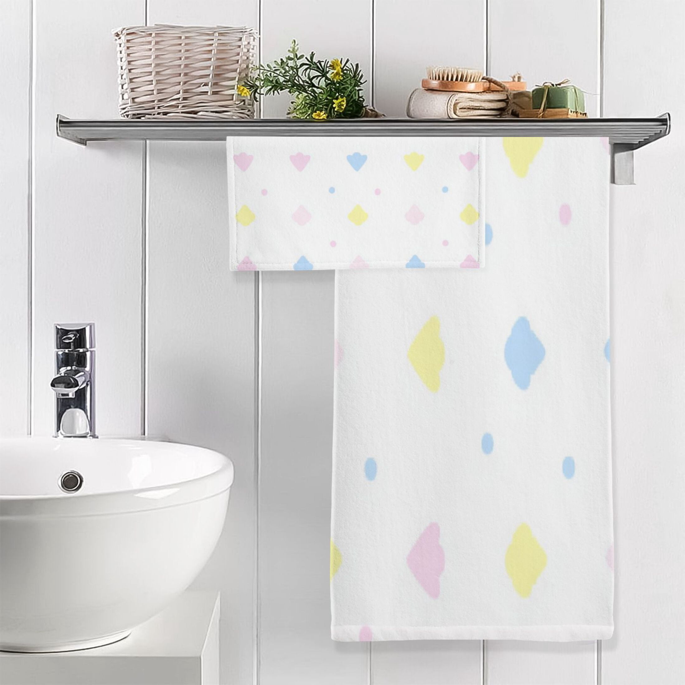 Colorful Pastel Shapes Pattern 2 Piece Cotton Bath and Face Towel Set Soft and Absorbent, for Beach Pool Bathroom