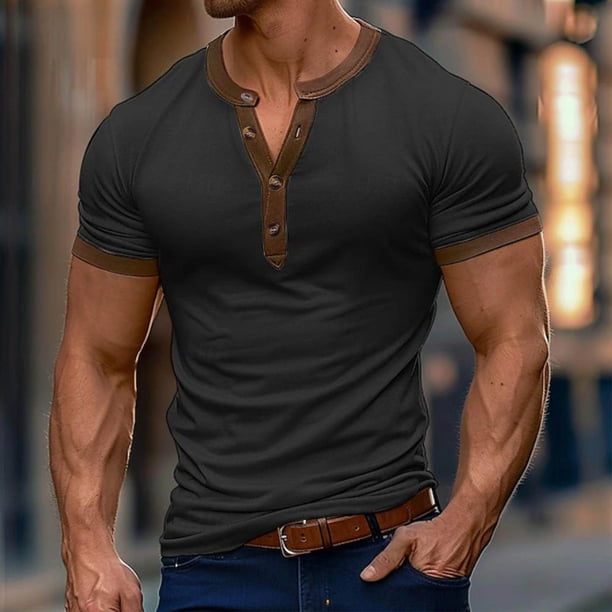 pstuiky camisetas de hombre, Blusa deportiva informal de color liso para hombre, holgada, de manga corta y cuello redondo ropa de hombre l