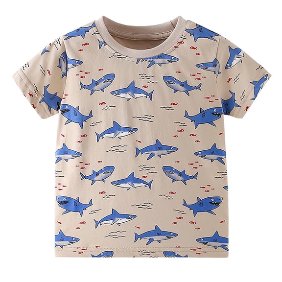 Boys Shark T-Shirt Short Sleeve Crew Neck | Khaki All Over Print Ocean Theme | Soft Polyester Spandex Play Tee for Kids Ages 3-10,Size 6 T