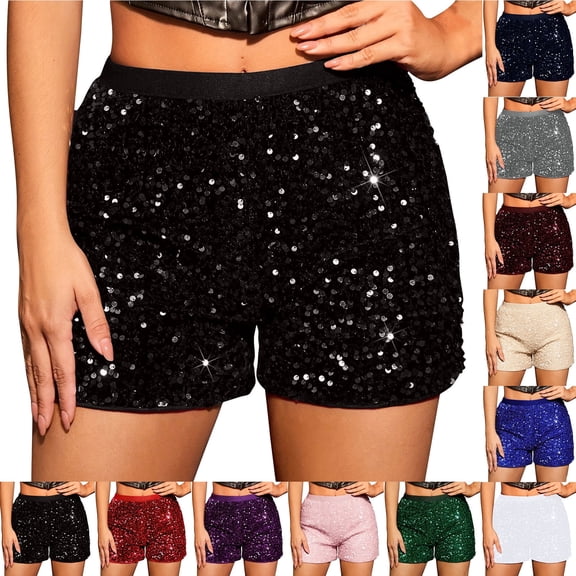 QATAINLAV Womens Sequin High Waist Shorts Slim Fit Solid Color Glitter Bottoms Night Out Party Clubwear Black