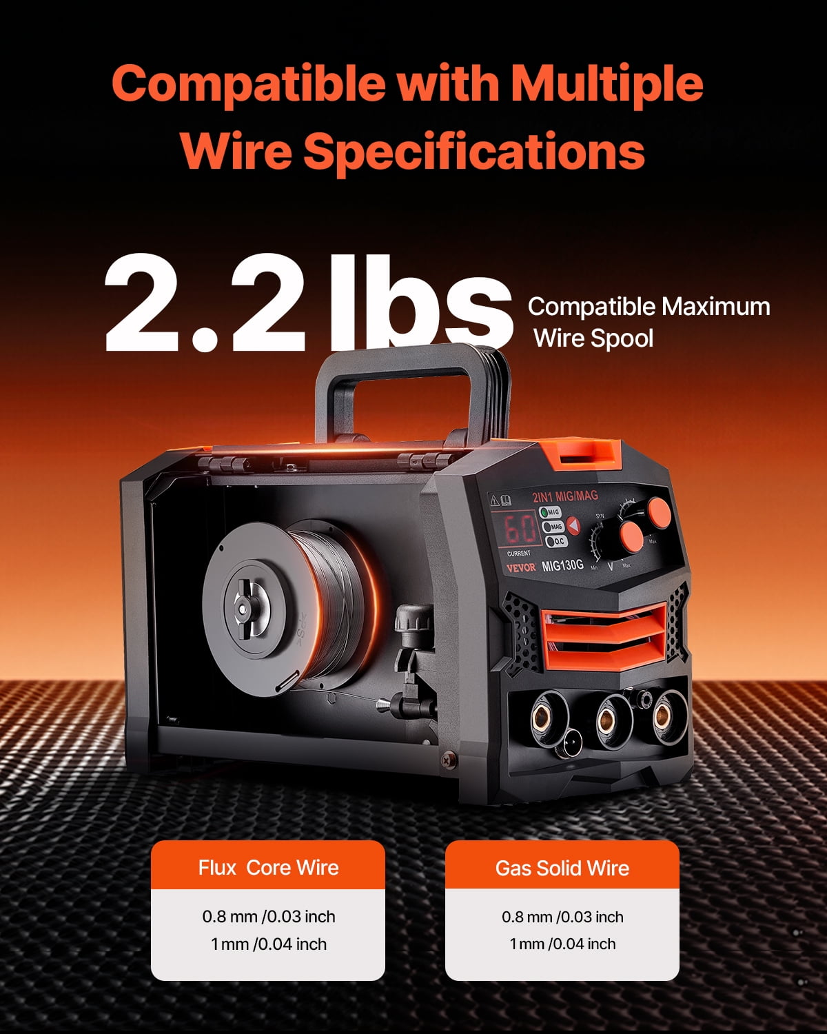 VEVOR MIG Welder, 130A Synergic Mig Welding Machine, 2-in-1 Gas MIG/Gasless Flux Core MIG Multi-Process Welder Machine, 110V Portable Mig Welder with IGBT Inverter Technology & Digital Display Screen