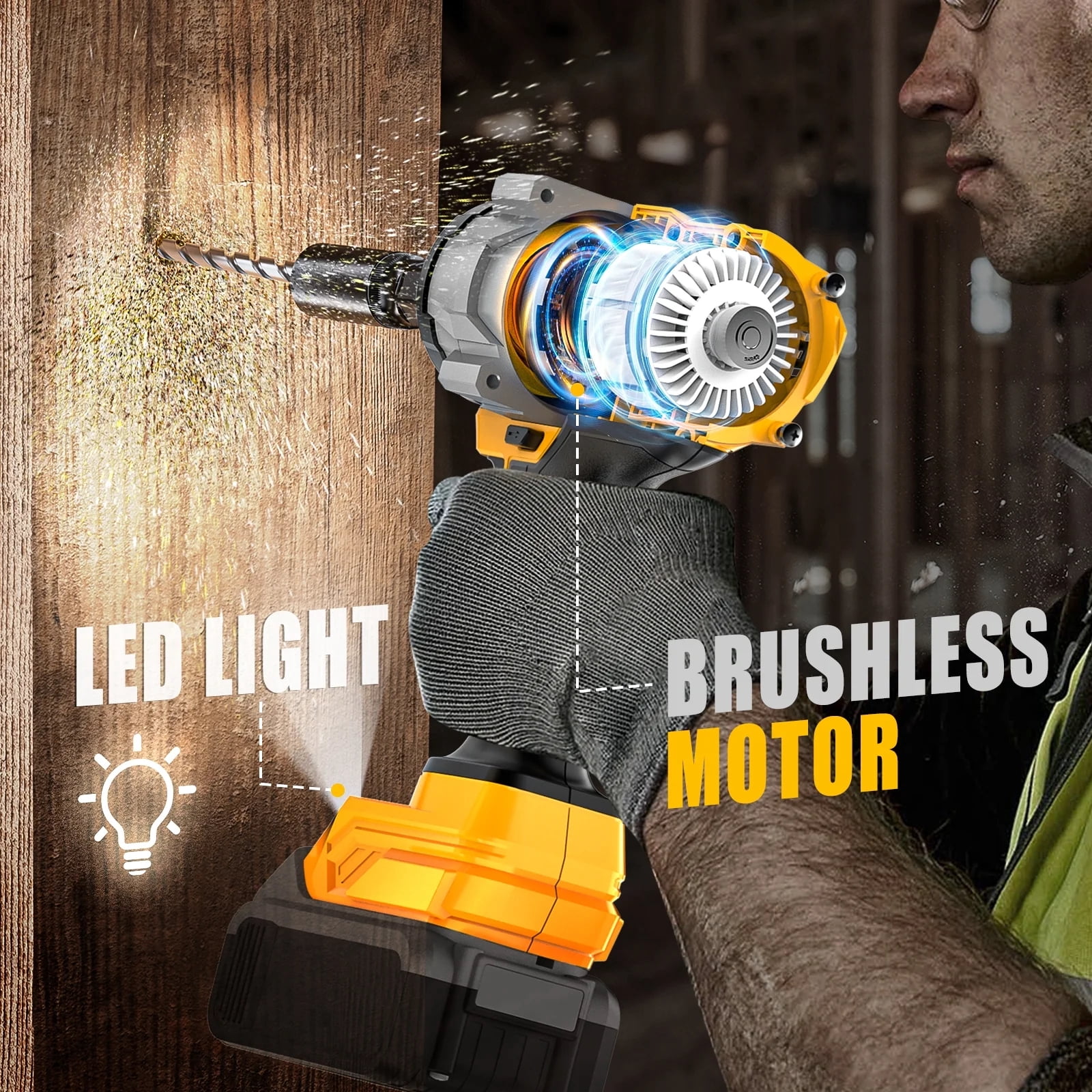 Cordless Impact Wrench 1000FT-LBS for Dewalt Battery, 1/2 inch Brushless Electric 1360N.m Impact Gun Includes LED Work Light, High Torque Impact Driver（No Battery）