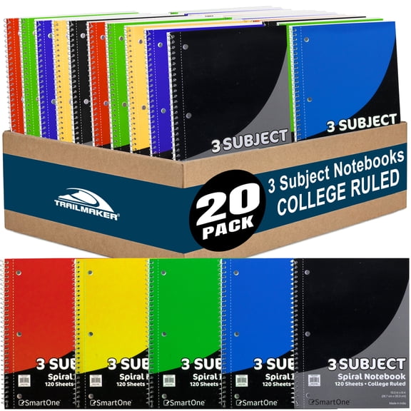 20 Pack of Bulk Wholesale 3 Subject 120 Sheet College Ruled Lined Spiral Notebooks in Assorted Colors