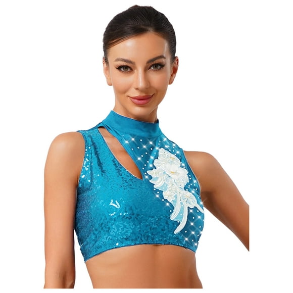 renvena Women's Applique Lyrical Dance Camisole T-Shirt Sleeveless Sparkly Crop Top Modern Contemporary Light Blue S