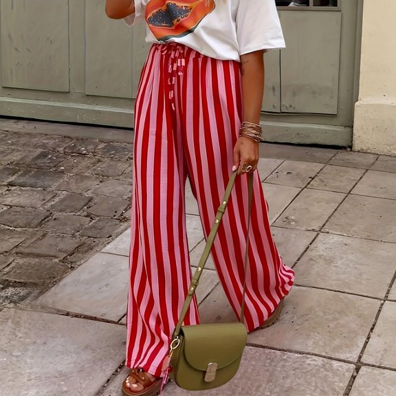 Lumtrix Women's Wide Leg Palazzo Pants Dressy Casual Striped Y2K Baggy Trousers High Waisted Lounge Slacks with Pockets Red M