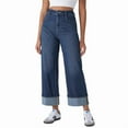 thumbnail image 2 of Womens Wide Leg Jeans High Waisted Stretchy Cuffed Baggy Denim Pants Dark Blue L, 2 of 9