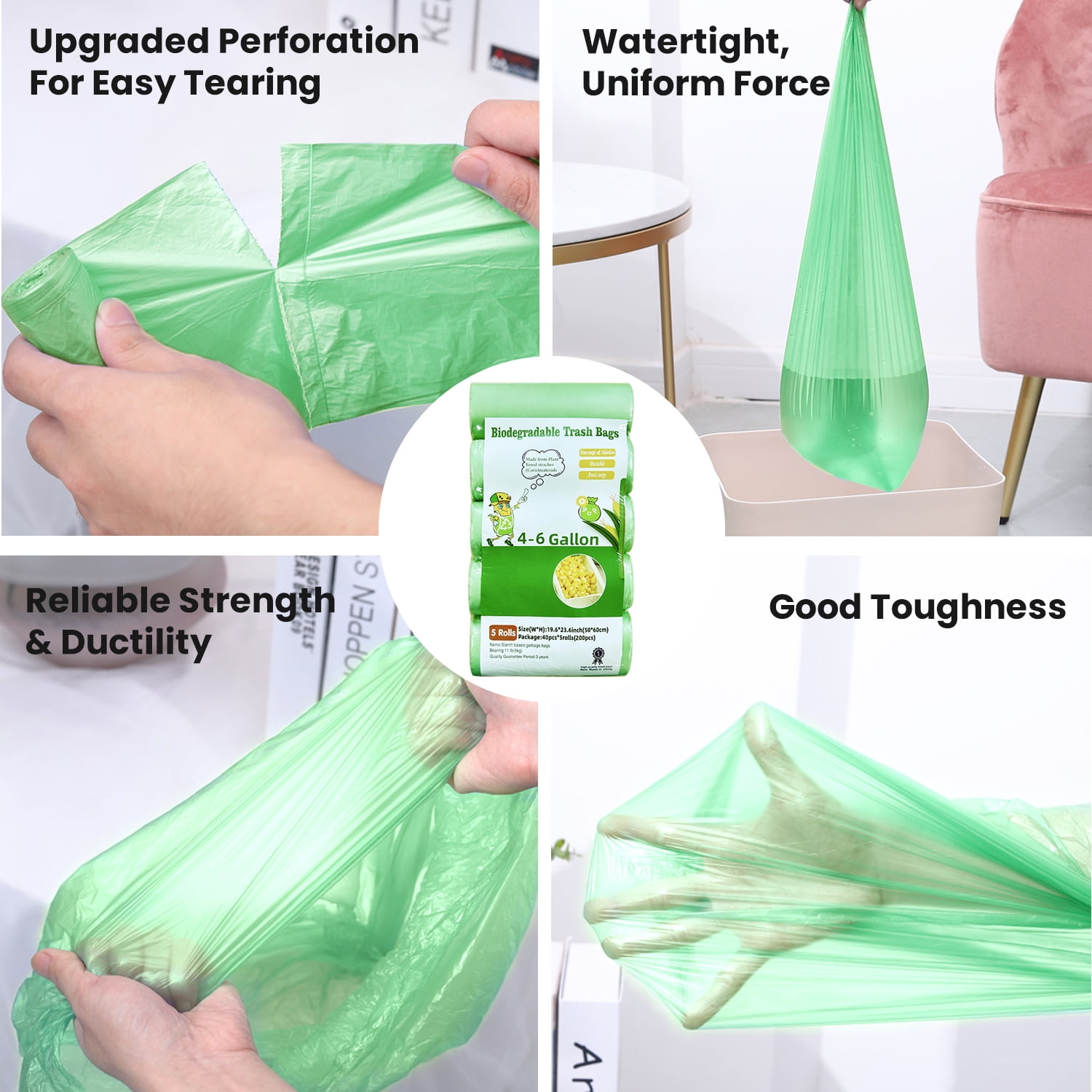 220 Counts Aklyaiap 4 Gallon Trash Bag,Tear & Leak Resistant Bathroom  Biodegradable Small Garbage Can Bags Unscented for Home & Kitchen, 5Rolls,  White