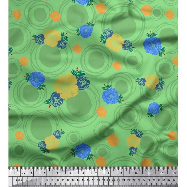 Soimoi Green polyester Crepe Fabric Circle,Leaves & Floral Hand Drawn Print Sewing Fabric Yard 42 Inch Wide