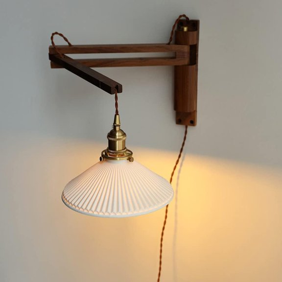 E27 Adjustable Walnut Lamp Arm Wall Lamp Retro Ceramics Lampshade Wall Light All Bronze Lamp Holder Living Room Corridor Lights Bedside Reading Light