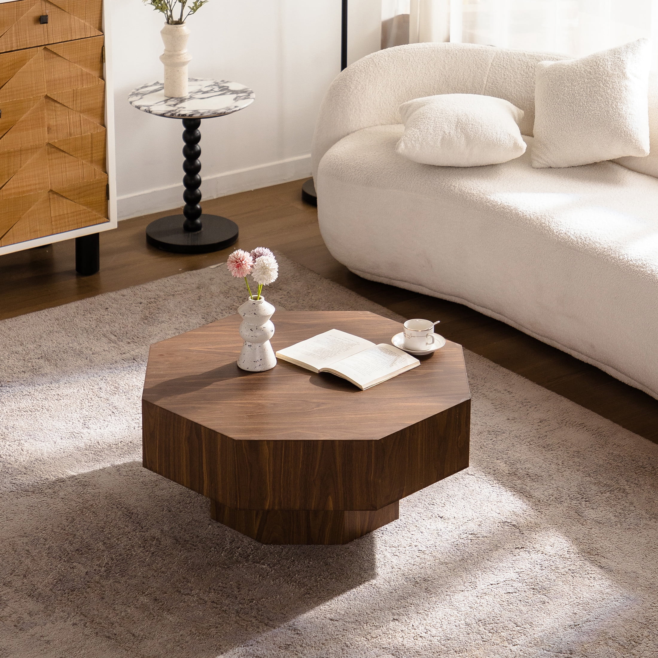 Noble House 30" Octagonal Wood Coffee Table, Minimalist Design for Modern Living Room, Bedroom, Walnut