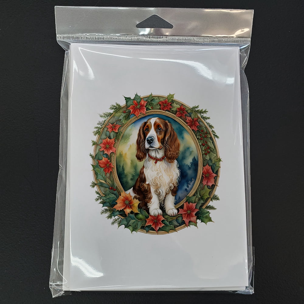 Welsh Springer Spaniel Christmas Flowers Greeting Cards Pack of 8 7 in x 5 in