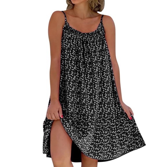 XIAOCHA Women's Floral Print Spaghetti Strap Midi Dress Scoop Neck Sleeveless Loose Fit Casual Dress Lightweight Summer Beach Sundress
