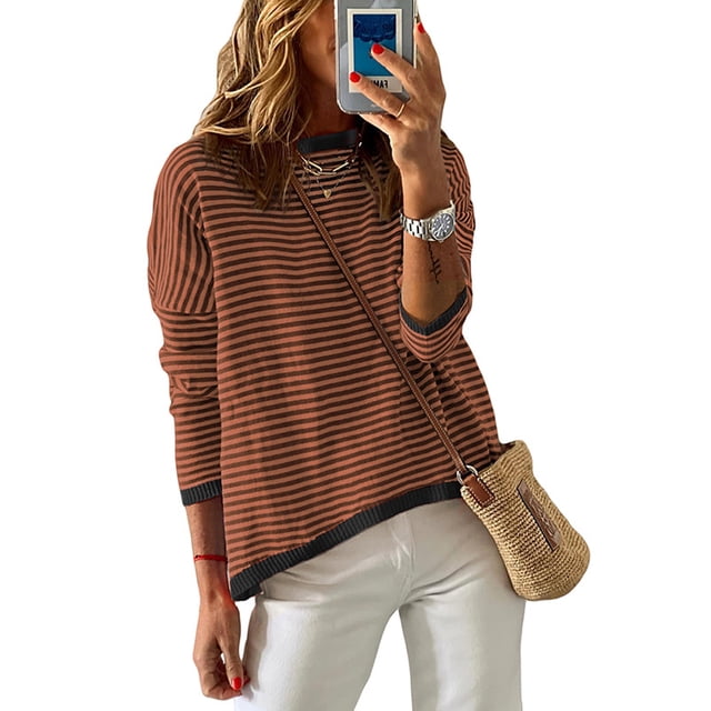 Zoeecloth Striped T Shirts Sweaters for Women Crewneck Long Sleeve Knit Tops Spring Summer Pullover Sweater Jumper S-XXL