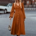 thumbnail image 2 of IROINNID Rollbacks Semi Formal Dress for Women Long Sleeve Shirt Dress V-Neck Button Reduced Age High Waistband Solid Color Long Dress,Gold, 2 of 6