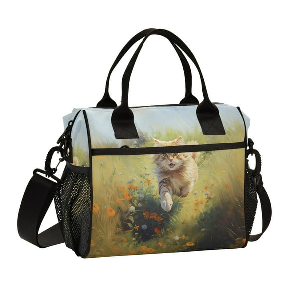 Cat in Grass Flowers Cooler Bag Lunch Bag Soft Cooler Cooling Tote Insulated Lunch Box for Adult Men Women