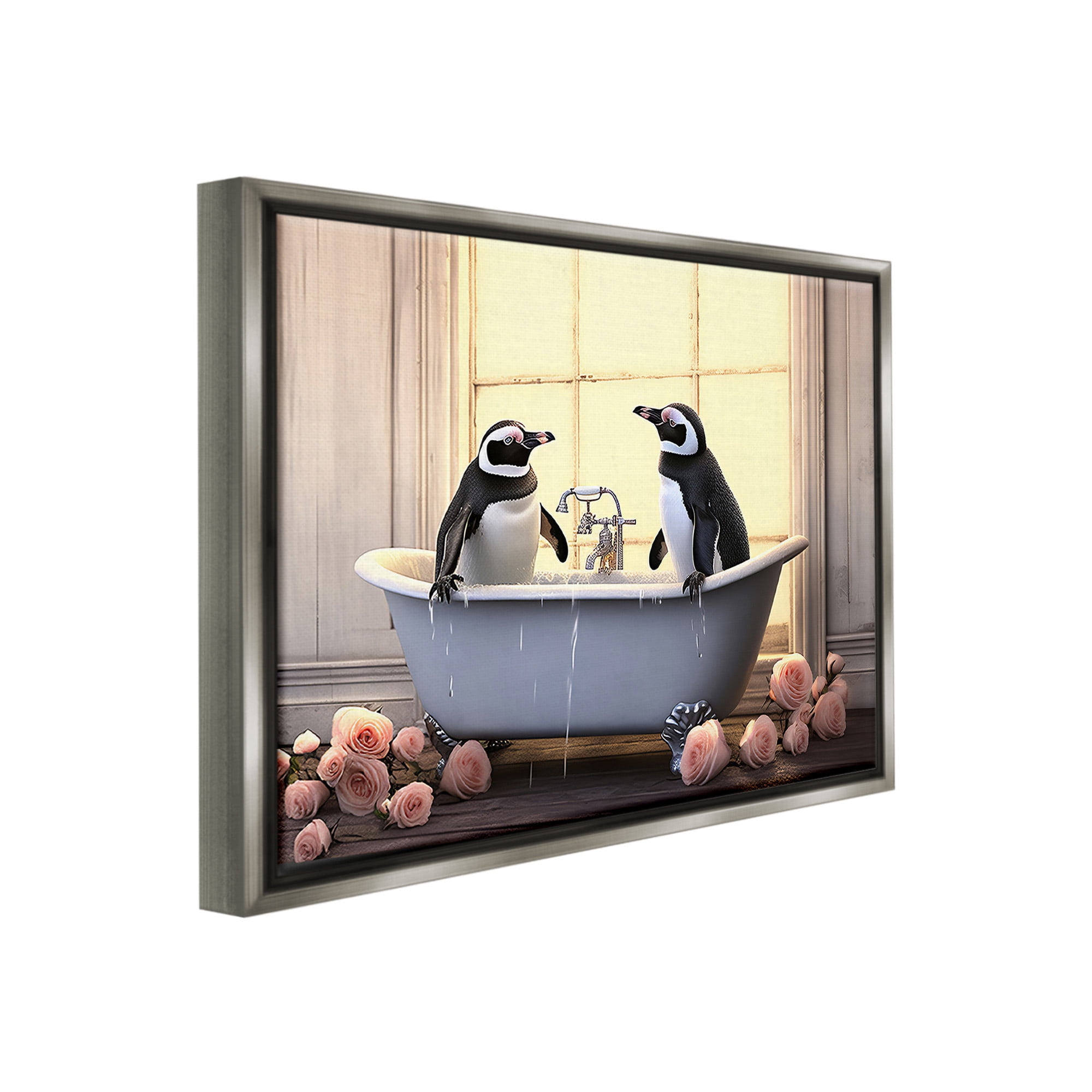 Stupell Industries Penguins Bathing in Tub Animals & Insects Painting Gray Floater Framed Canvas Art Print Wall Art, 21 x 17