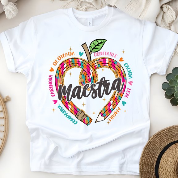 Maestra Serape Heart Pencil T-Shirt, Bilingual Teacher Shirt, White, Size S