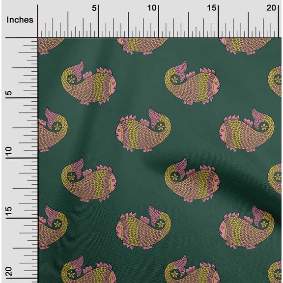 oneOone Organic Cotton Poplin Twill Fabric Fish Block Printed Craft Fabric BTY 42 Inch Wide