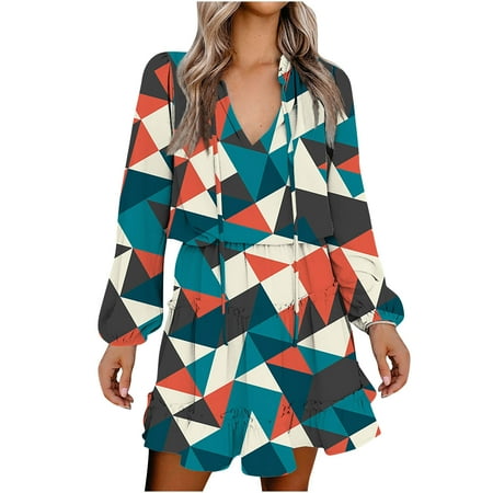 

Women s Spring New Dress Printed Lace-up Long-sleeved V-neck Floral Dress