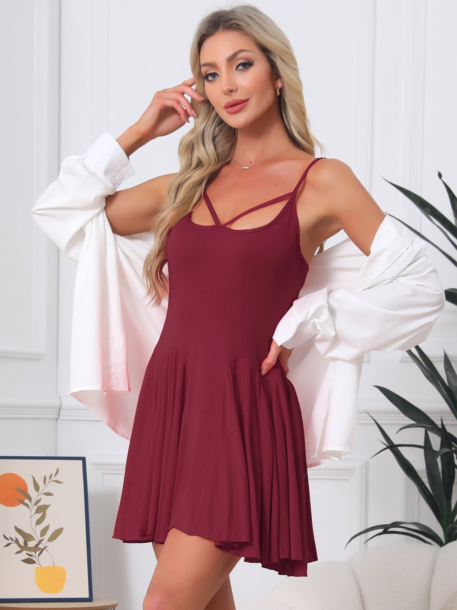 DARING DIVA Women's Nightgown Ruffle Spaghetti Strap Babydoll Chemise Dress M Wine Red