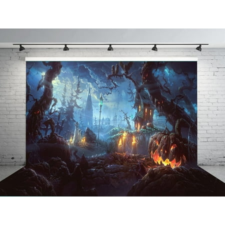 Image of HelloDecor 7x5ft Halloween Pumpkin Horror Nights Moon Mysterious Forest Castle Costume Party Masquerade Decoration Photo Backdrops Studio Background Studio Props