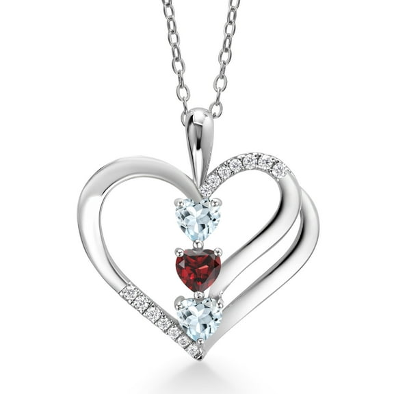 925 Sterling Silver Sky Blue Aquamarine and Red Garnet and White Moissanite 3-Stone Pendant Necklace for Women (0.93 Cttw, Gemstone March Birthstone, Heart Shape 4MM, with 18 inch Silver Chain)