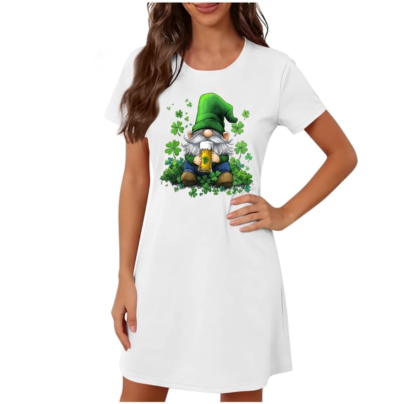 Lopecy-Sta Sleepshirts for Women St. Patrick's Day Print Loose Casual Home Sleepwear Round Neck Short Sleeve Nightgown Dress