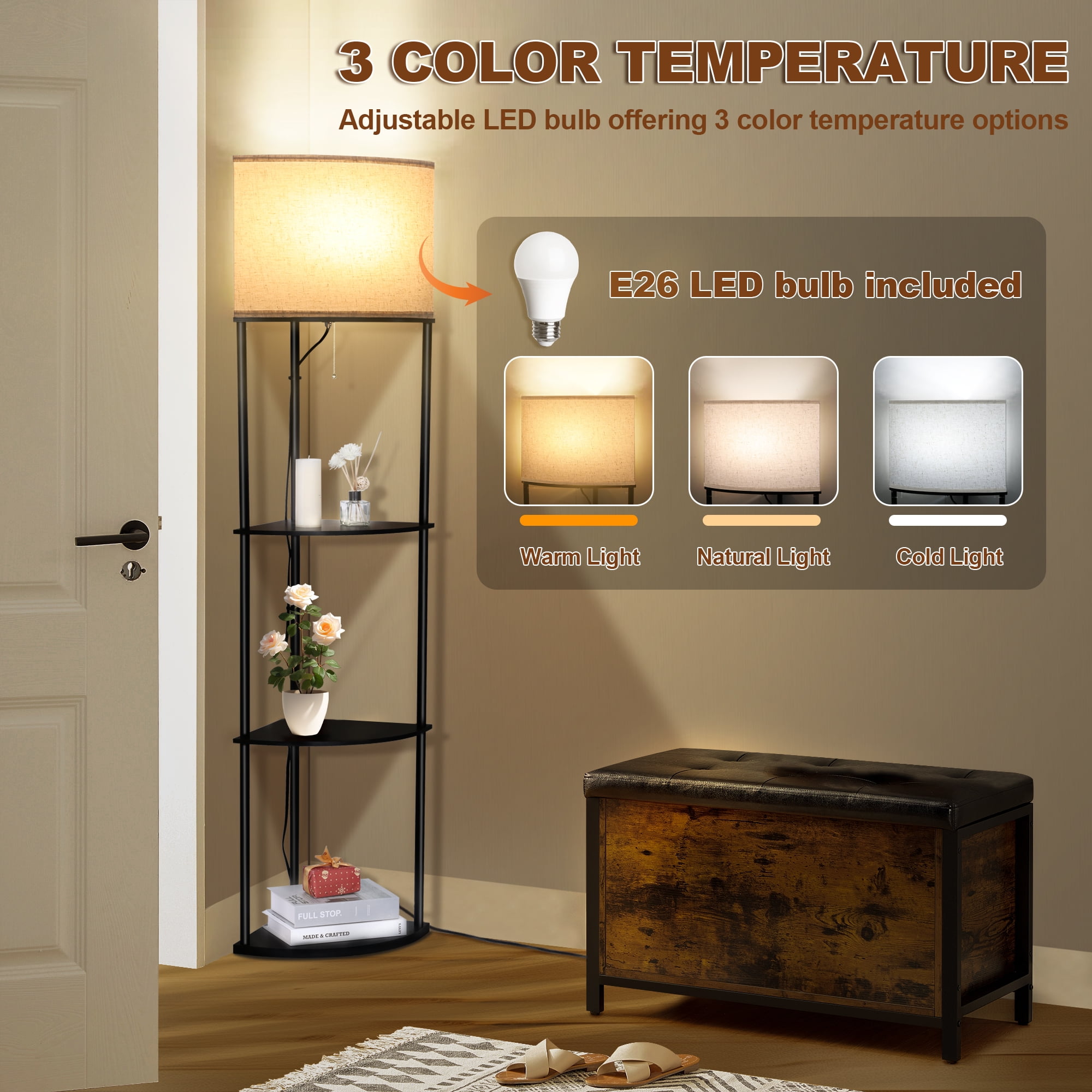 Vesteel Corner Floor Lamp for Living Room, Standing Lamps with with 3-Tier Shelves & 3 Color Temperature LED Bulb, Tall Lamp for Bedroom Reading Room & Office