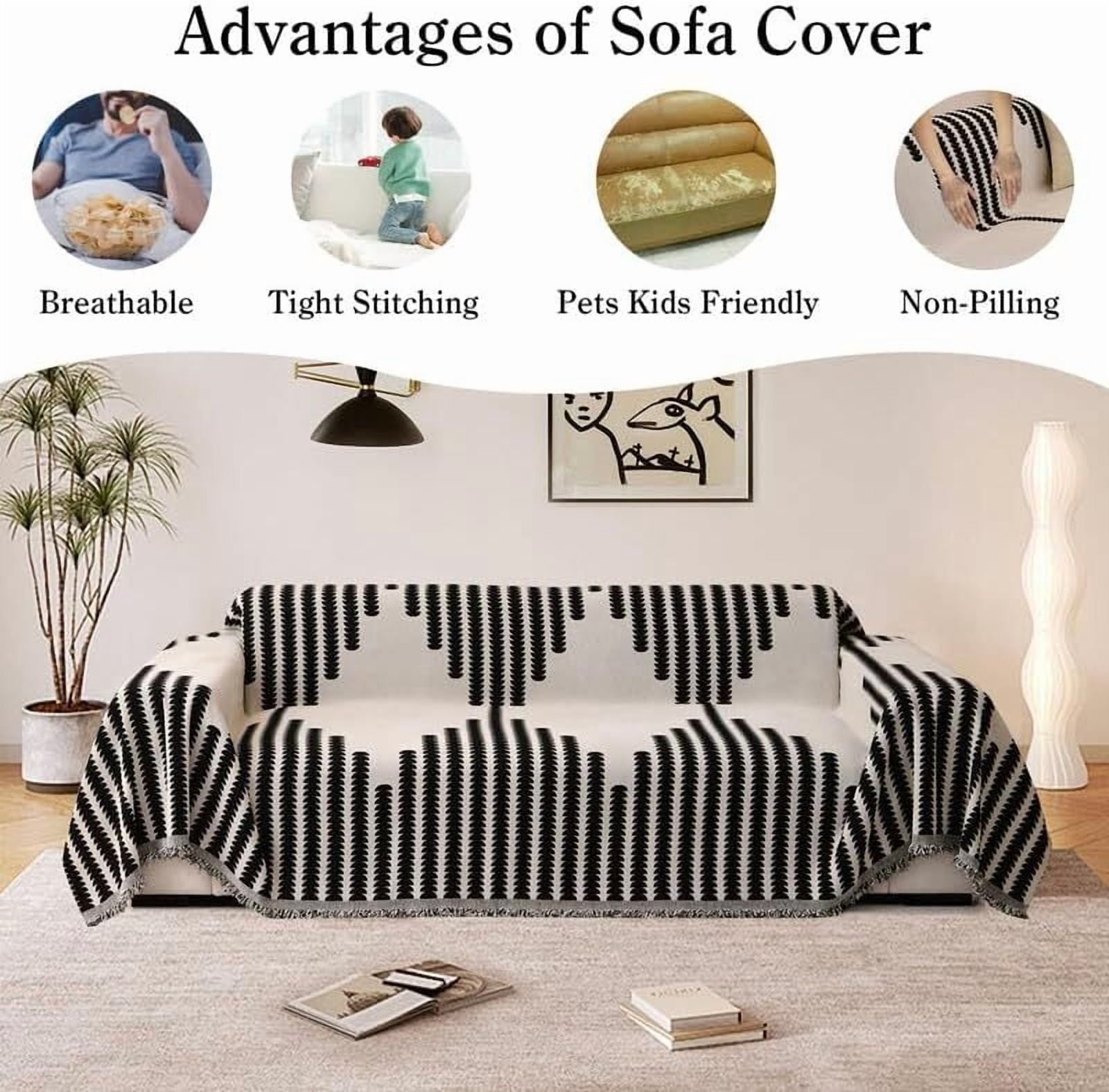 Eurhowing Boho Couch Cover for 4 Cushion Couch, Chenille Sofa Cover Blanket with a Pillowcase, Anti-Slip Tassel Sofa Slipcover for Pet, (71'' x 149'', Black)