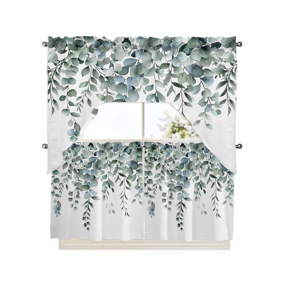 Green Eucalyptus Leaves Kitchen Curtains Swag Valance and Tier Curtains Set 24 Inch Length, Summer Botanical Watercolor Rod Pocket Drape Panels Pair Swag Curtains for Bathroom/Cafe/Window