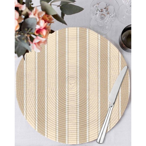 15 Inch Round Placemats Set of 6, Brown Stripe Non Slip Heat Insulation PP Table Mats, Modern Farmhouse Texture Geometric Washable Place Mats for Kitchen Dining Party Table Decor