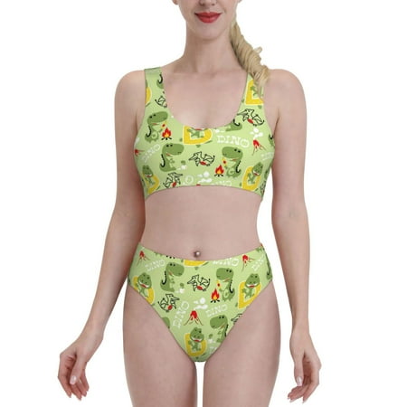 Fotbe Cute Dinosaurs Cartoon Women s High Waisted Bikini Tankini Sets Two Piece Bathing Suits High Cut Scoop Neck Swimsuit-Large