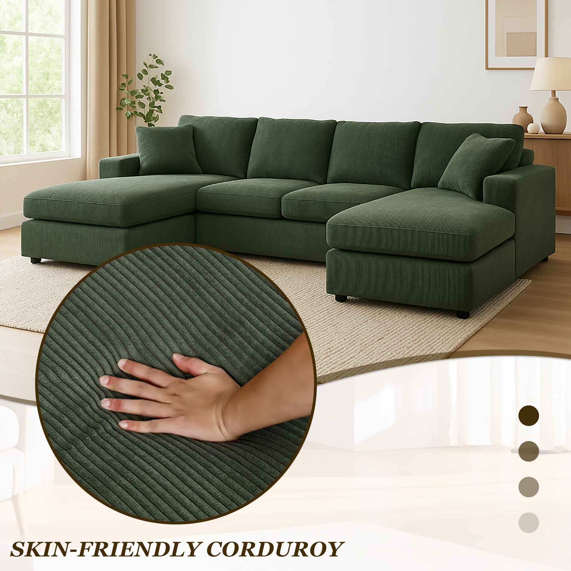 MOONMISS Sectional Sofas with Double Chaise, U-Shaped Cloud Comfy Couches, Green