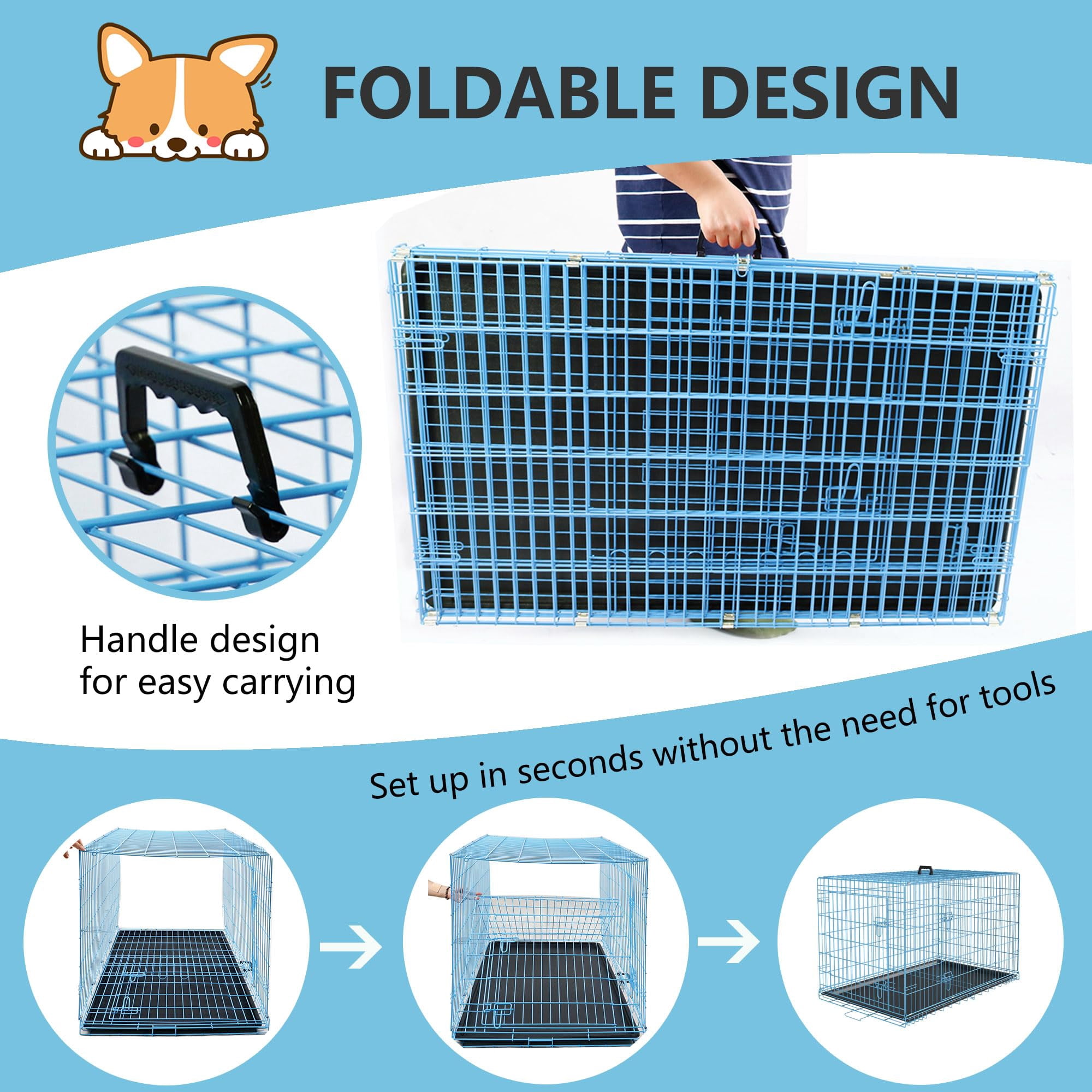 42 Inches Large Dog Crate with Divider Panel, Double Door Folding Metal Wire Dog Cage with Plastic Leak-Proof Pan Tray, Pet Kennel for Indoor, Outdoor, Travel, Blue