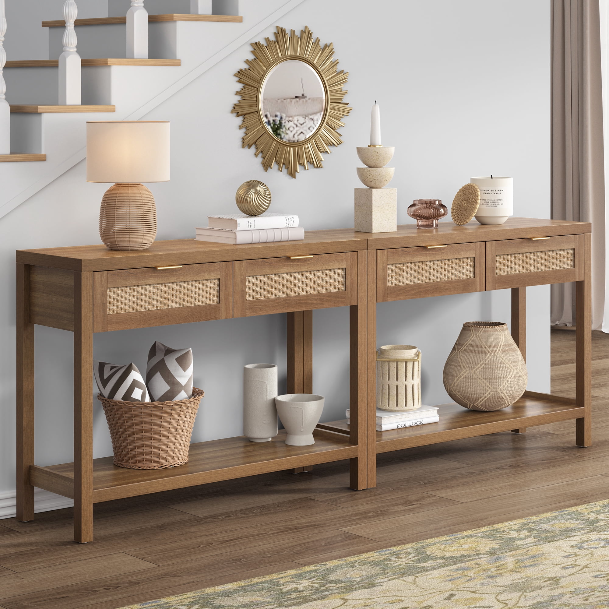SICOTAS 39.4 Inch Wide Rattan Console Table Set of 2 with 2 Drawers & Shelf, Boho Entryway table with Large Storage Capacity for Entrance Way, Hallway, Living Room - Natural Oak
